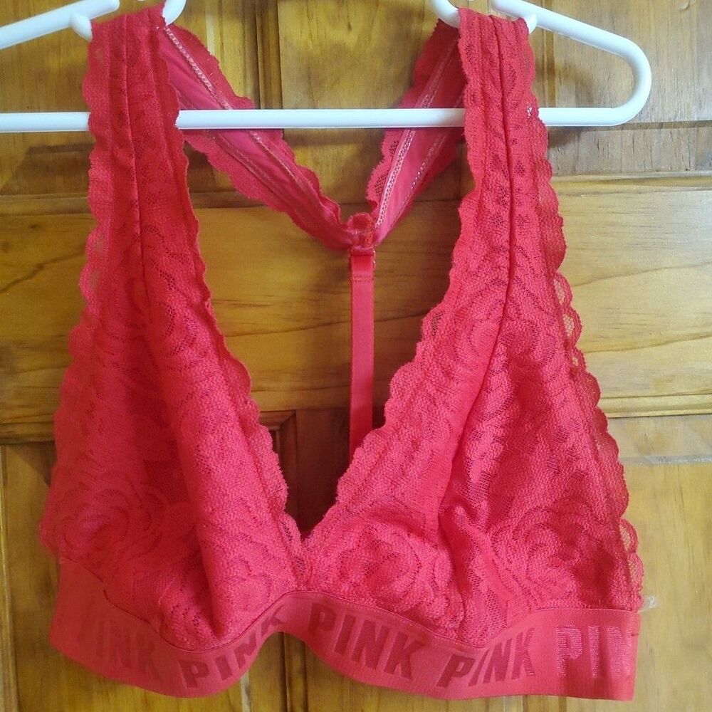 PINK Medium Bralette Womens Red Lace Racerback Logo Band Intimates Lingerie
